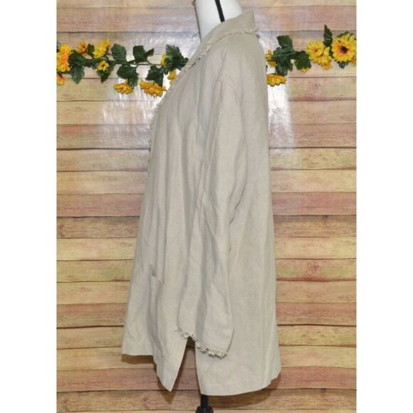 Vintage LAFAYETTE 148 100% Linen Open Front Jacket Size L Raw Trim Neutral Khaki - Picture 8 of 14